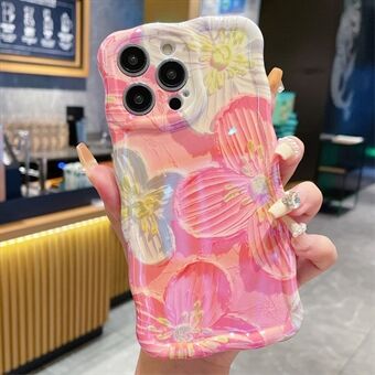 For iPhone 15 Pro TPU deksel, rosa oljemaleri blomster med bølgete kant telefondeksel.