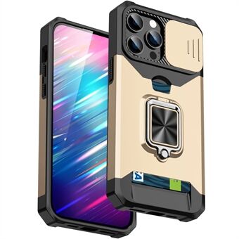 For iPhone 15 Pro Etui Ripesikker PC+TPU Stå-hybridtelefondeksel med skyvekameralinsebeskytter