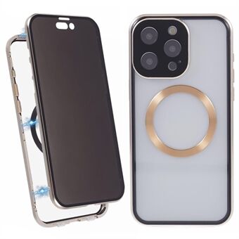 For iPhone 15 Pro Anti-Spion-deksel Kompatibelt med MagSafe Herdet Glass Metallstøtfanger Telefondeksel