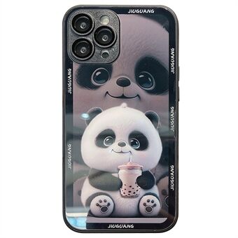 Mobiltelefondeksler for iPhone 15 Pro melkete panda mønster herdet glass + TPU-deksel med linsefilm