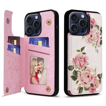 For iPhone 15 Pro-etui, lakkert blomstermotiv, stativ og lærkledd TPU-telefondeksel.