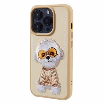 NIMMY Glass Pet Series til iPhone 15 Pro veske med brodert lærbelagt PC+TPU-deksel.