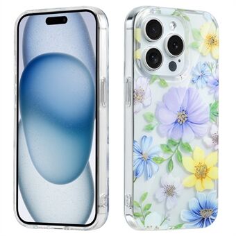 For iPhone 15 Pro, blomstermønster mobildeksel i PC + TPU, gjennomsiktig deksel.