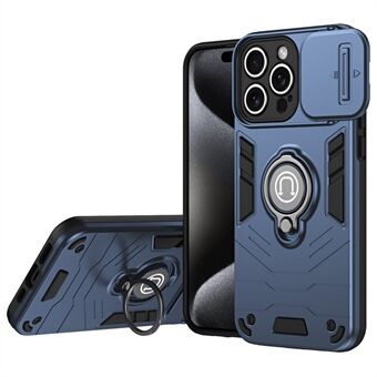 For iPhone 15 Pro Max deksel PC+TPU Ring Kickstand Telefonomslag med skyvbar linselokk