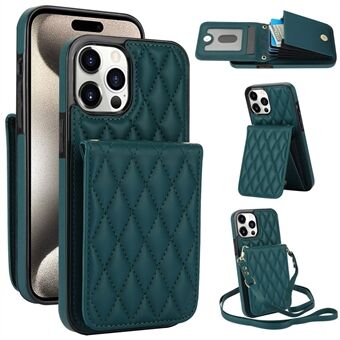 For iPhone 15 Pro Max Deksel Rhombus Lær + TPU Kortholder Telefonomslag med Skulderrem