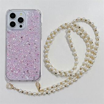 For iPhone 15 Pro Max-deksel i glitterpulverakryl + TPU-telefondeksel med perlebåndstropp