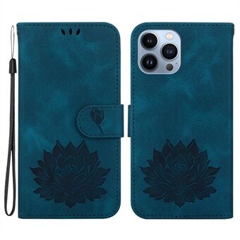 For iPhone 15 Pro Max Lotus preget PU-lær lommebok-etui med stativ, foldeover telefonomslag.