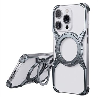 For iPhone 15 Pro Max / 14 Pro Max / 13 Pro Max Deksel Med Kickstand Rammeløs Aluminiumsramme Bumper Telefonomslag