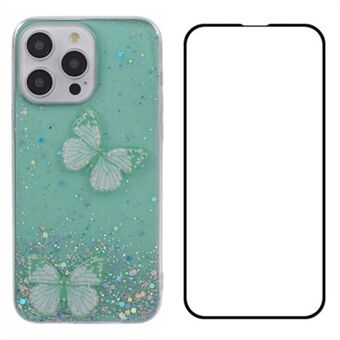 WANLONFENG AW-serien for iPhone 15 Pro Max TPU-deksel med skjermbeskytter 3D sommerfuglglitter telefondeksel