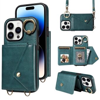 002 For iPhone 15 Pro Max Etui PU Lær Kort Holder Crossbody Stropp Telefon Deksel