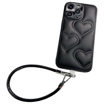 For iPhone 15 Pro Max Deksel Hjerte Mønster PU+TPU Telefon Deksel med Stropp