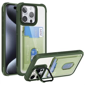 For iPhone 15 Pro Max Etui Kortholder Akryl+TPU+PC Telefondeksel med Linseramme Stativ