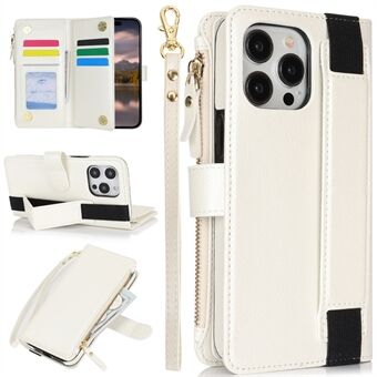 XL-001 For iPhone 15 Pro Max Etui Glidelåslomme Armbånd Stativ Lær Telefondeksel