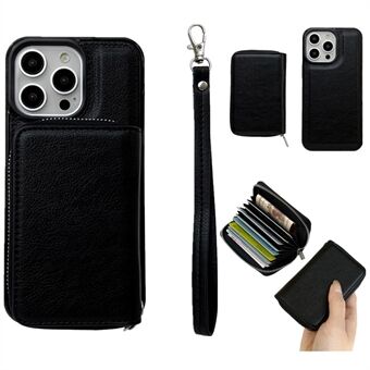 For iPhone 15 Pro Max Etui Avtakbar Glidelåskortholder PU+TPU Støttefunksjon Telefonetui med Stropp