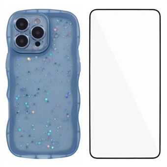 WANLONFENG JWT-serien for iPhone 15 Pro Max TPU etui epoksy telefondeksel med bølgete kant og herdet glass