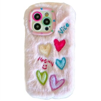 KJS-005 For iPhone 15 Pro Max Etui Objektiv Stativ Fargerikt Hjertebroderi Fluffy TPU Telefondeksel