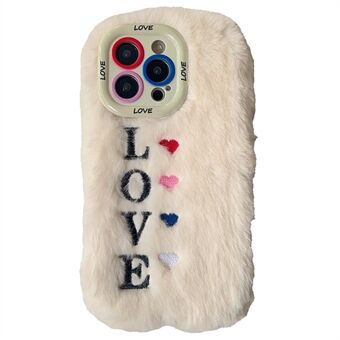 KJS-002 For iPhone 15 Pro Max Deksel Objektiv Kickstand Brodert LOVE Fluffy TPU Telefonskjede