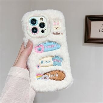 KJS-015 For iPhone 15 Pro Max Etui Søt Doodle Kanin Linse Støtte TPU Plysj Pelskledd Telefondeksel