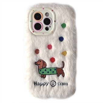 KJS-029 For iPhone 15 Pro Max Etui Brodert Dachshund Linse Stativ TPU Plysj Pelskledd Telefondeksel