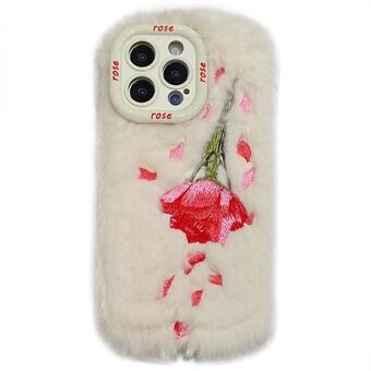 KJS-003 For iPhone 15 Pro Max Etui Rosemønster Plysj+TPU Telefondeksel med Linseramme Stativ