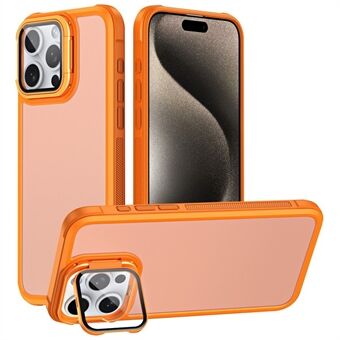 For iPhone 15 Pro Max Deksel med Linsebeskyttelse Kickstand Skin-Touch PC+TPU Telefon Bakdeksel