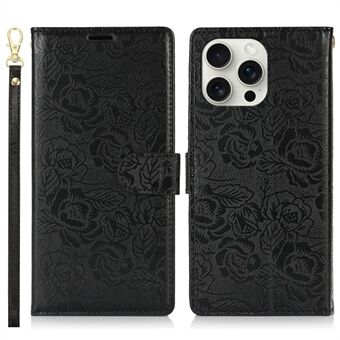 For iPhone 15 Pro Max Etui med Håndstropp Blomstermønstret Lommebok i Lær Telefondeksel