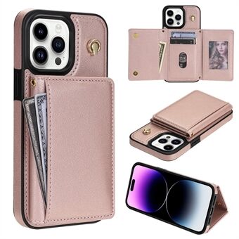 BKS-003 For iPhone 15 Pro Max Etui Tri-Fold Kortholder Stativ TPU+Skinn Bakdeksel med Skulderstropp