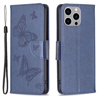 For iPhone 15 Pro Max Flip-etui med sommerfugltrykk i skinn, anti-støv, stativlommebok med stropp.