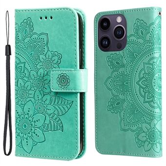 For iPhone 15 Pro Max Stående Telefonveske Lommebok med Inngravert Blomstermønster TPU+PU Lærdeksel Skall