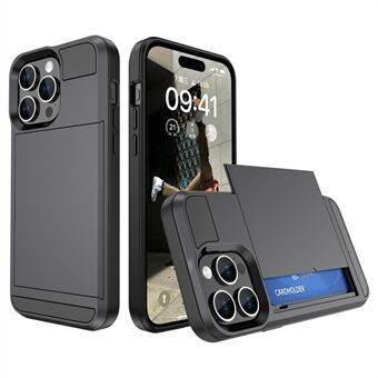 For iPhone 15 Pro Max PC+TPU-telefondeksel med skyvbart kortholder, anti-fall bakdeksel