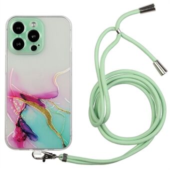 For iPhone 15 Pro Max Soft TPU-telefonveske med marmor mønster, preget og ripebestandig telefondeksel med snor.