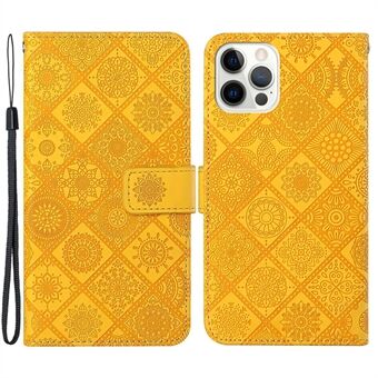 Skinnlommebok-etui for iPhone 15 Pro Max, inngravert blomstermønster med telefonstativ og anti-falle-deksel.