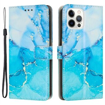 For iPhone 15 Pro Max Stand Wallet Leather Phone Cover Marble Pattern Case med håndleddstropp.