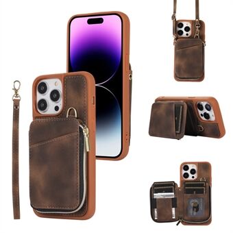 For iPhone 15 Pro Max Glidelås Lommebok Telefondeksel Stativ PU-Lærbelagt TPU-etui