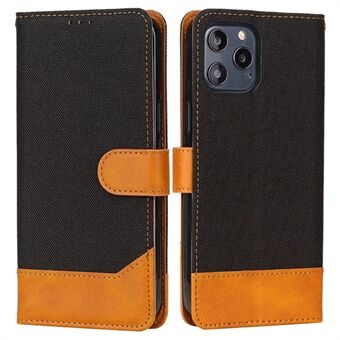 For iPhone 15 Pro Max Stå lommebok flip deksel kalvtekstur PU skinn+lerret+TPU telefonetui