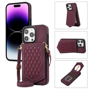 For iPhone 15 Pro Max speil design kort holder støtte telefon case preget PU skinnbelagt TPU-deksel med skulderrem