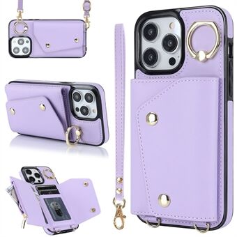 For iPhone 15 Pro Max Glidelås Lommebok Ring Støttestativ Etui i PU-skinn+TPU Telefondeksel med 2 Stropper