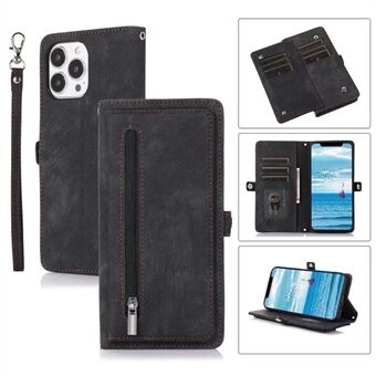 For iPhone 15 Pro Max Stå Wallet-etui med stativ 9 kortspor Glidelåslomme PU-skinn Telefondeksel med stropp