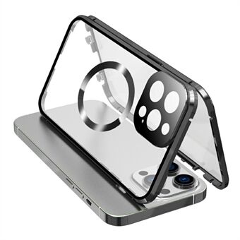 Magnetisk metallramme + dobbeltsidig herdet glassetui for iPhone 15 Pro Max kompatibel med MagSafe telefondeksel med låsespenn