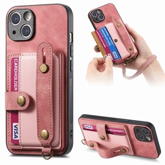 For iPhone 15 Pro Max-armbåndstativ-telefondeksel av PU-skinn+TPU-telefonskall med kortholder, håndreim