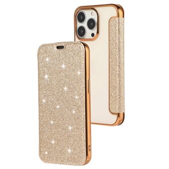 Stå-etui for iPhone 15 Pro Max, Kortholder Glitter Pulver PU Lær + TPU Gjennomsiktig Telefondeksel