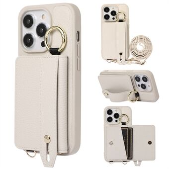 For iPhone 15 Pro Max Etui med Kortspor i Lær+TPU og Støttebenk med Skulderstropp