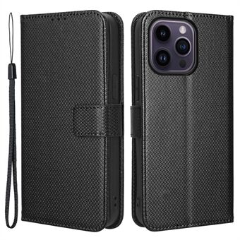 Mobildeksel for iPhone 15 Pro Max-etui, lær, stativ, diamanttekstur, lommebok.