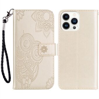 For iPhone 15 Pro Max-etui i PU-skinn, med ståfunksjon og ugledesign, telefonveske med lommebok