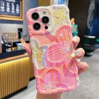 For iPhone 15 Pro Max Telefon Deksel Rosa Oljemaleri Blomst TPU Cover med Bølgete Kant