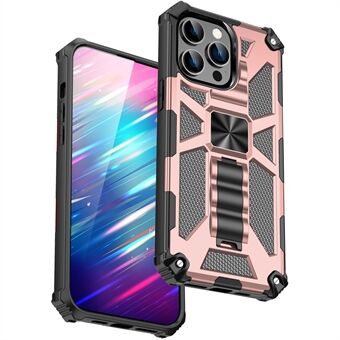 For iPhone 15 Pro Max-telefondeksel med støttebein, myk TPU+hard PC-baksidetui med innebygd metallplate