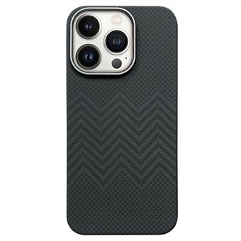 For iPhone 15 Pro Max Etui med metallkameraramme, aramidfiber, stort hull for bakkamera, baksidedeksel