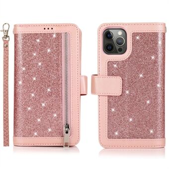 For iPhone 15 Pro Max mobildeksel med glitterpulver, 9 kortlommer, skinnomslag.