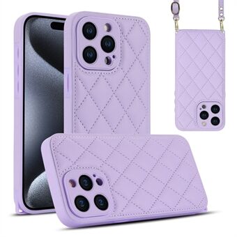 For iPhone 15 Pro Max skinn bakdeksel med rutenettmønster av PU+TPU, beskyttelsesdeksel med lang stropp.