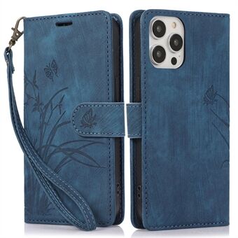 For iPhone 15 Pro Max lærveske Orchid Butterfly Flip Wallet telefondeksel